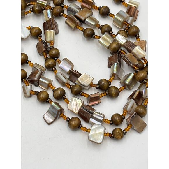 Vintage Boho Multi-Strand Wood Mother of Pearl Shell Bead Necklace Earth Tones - Picture 7 of 11